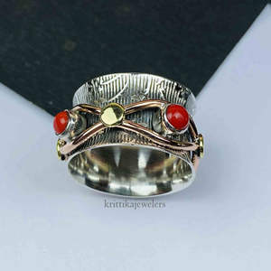 925 Sterling Silver Classic Coral <b>Spinner</b> Ring Three Tone Anxiety Meditation <b>Fidget</b> Band Bezel Setting Weddings Anniversary - Product Image 4