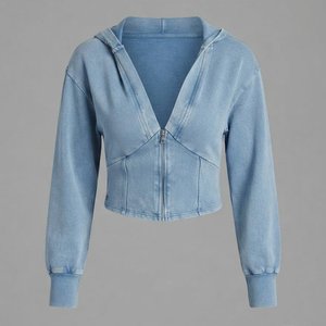 Trendiness Custom Logo Women's Light Blue Hooded Sweatshirt Full Sleeve Knitted Solid Color Short Length Breathable Autumn - Product Image 1