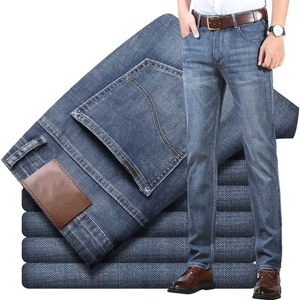 New Men's Business Blue Denim Straight Leg Pants Casual Loose High <b>Waist</b> <b>Elastic</b> Trousers Denim <b>Jeans</b> Pant - Product Image 6