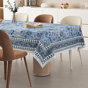 HappyKraft Customized Handmade Floral Block Print Blue Cotton Rectangular <b>Table</b> <b>Cover</b> Eco-Friendly Rajasthan for Home Hotel Use - Product Image 2