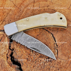 UA Supplies Industrial Grade Damascus Steel Back <b>Lock</b> Hunting Folding Knife 0.5mm Thick Camel Bone Handle Drop Point Razor Sharp - Product Image 5