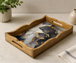 Bandeja de Almacenamiento Rectangular de Madera con Incrustaciones de Ágata Azul, Acabado Lacado, Diseño Minimalista, Apta para Lavavajillas, de Una Sola Capa, para Uso en la Cocina - Product Image 1