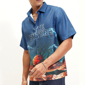 Chemise d'été à manches courtes pour homme, imprimée, col rabattu, décontractée, respirante, bleu marine, imprimé photo, tissu popeline - Product Image 2