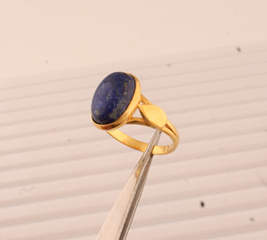 Natural <b>Lapis</b> <b>Lazuli</b> Oval Gemstone Solitaire <b>Ring</b> 18K Gold Plated Sterling Silver Handcrafted Classic Party Blue - Product Image 3