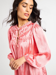 Chemisier bohème pour femmes, haut en coton à manches longues, col noué, coupe ample, haut décontracté rose - Product Image 3