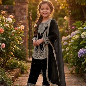 Ensemble Kurti Sharara en Georgette avec broderie lourde et travail Moti, et Dupatta en voile de soie, entièrement cousu, pour enfants, par Royal Export - Product Image 3