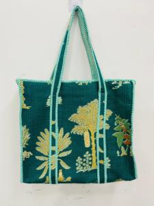 Teal Handmade Quilted Cotton <b>Boho</b> Tote Women Large Nature Print Drawstring Closure Shoulder Carry <b>Bag</b> for Wholesale Supplier - Product Image 2