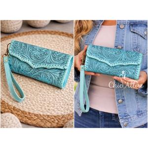Prix d'usine en gros, best-seller, pochette longue en cuir véritable turquoise, porte-monnaie multifonctionnel, porte-monnaie pour femmes - Product Image 1