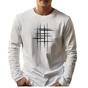 Chemise décontractée pour homme en coton blanc à manches longues, imprimé géométrique sur le devant, respirante, tricotée, coupe ajustée, pour le printemps, à porter au quotidien, chemise tendance - Product Image 1