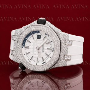 Montre chronographe de luxe pour homme sertie de moissanite |   Montre avec bracelet en caoutchouc rouge et diamants |   Montre sportive Hip Hop en or rose - Product Image 3