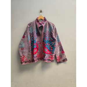 Purple <b>Velvet</b> Mandarin Collar Jacket <b>Women</b> Zipper Animal Embroidered Bohemian <b>Coat</b> in bulk price - Product Image 1
