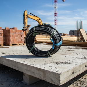 Construction site with <b>coiled</b> black industrial <b>cable</b> on concrete slab heavy machinery building materials - Product Image 1