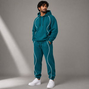 Men's Teal Pullover Hoodie with White Contrast Piping Drawstring Hood and Jogger <b>Pants</b> for Relaxed Fit for Casual Streetwear - Product Image 4