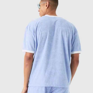 Nouvel ensemble sportif d'été pour homme, 100% coton, décontracté, respirant, en tissu éponge, 2 pièces, couleur unie, taille élastique, avec logo, manches courtes - Product Image 6