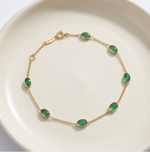 Natural Green Emerald Bezel Station <b>Bracelet</b> in Solid 18K Yellow Gold Round <b>Gemstone</b> Link Chain with Adjustable Clasp - Product Image 6