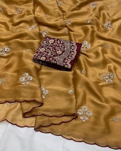 Sari de tela rangoli negro, granate, morado, marrón y dorado con múltiples bordados, elegante atuendo de uso diario para mujeres. - Product Image 6