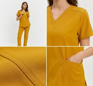 ชุดสครับสีเหลืองสำหรับผู้หญิง เสื้อคอวีและกางเกง ชุดยูนิฟอร์มโรงพยาบาลสำหรับบุคลากรทางการแพทย์ ผ้าฝ้ายผสมโพลีเอสเตอร์ - Product Image 3