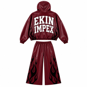 Wholesale Custom Front <b>Men</b> Unisex Burgundy Faux PU Leather Tracksuit Set Oversized Hooded Hoodie Wide Leg Pants Solid Pattern - Product Image 4