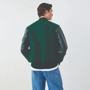 Custom High Quality <b>Men</b> Vintage Green Wool Varsity <b>Jacket</b> Real Leather Sleeves Letterman <b>Baseball</b> <b>Jacket</b> With Embroidered Patch - Product Image 3