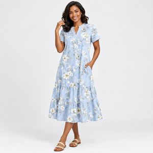 Women's Light Blue Floral Midi <b>Dress</b> Short Sleeve Split Neck Tiered A-Line <b>Pocket</b> Casual Summer <b>Dress</b> Wholesale OEM ODM Clothing - Product Image 1