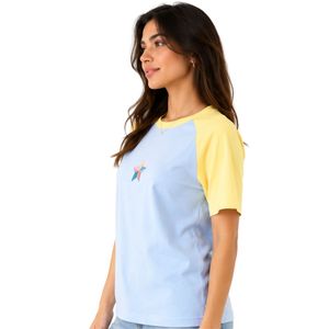 Camiseta de Mujer Azul Cielo y Amarillo Limón, Corte Raglán, Diseño de Bloques de Color, Estampado Gráfico de Estrellas, Cuello Redondo, Manga Corta, Algodón, Informal, Personalizada - Product Image 4
