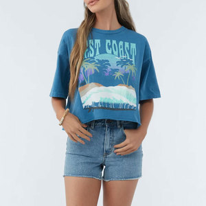 Women's Blue Crop T-Shirt Crew Neck Short Sleeve Printed Casual Loose Fit Spring Summer Wear - Product Image 3