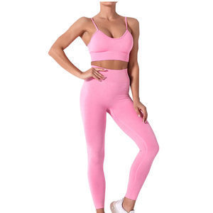 Conjunto de Yoga Rosa de 2 Piezas, Leggings de Cintura Alta, Top Corto con Tirantes Finos, Sin Costuras, Elástico en 4 Direcciones, Ropa Deportiva de Color Sólido - Product Image 1