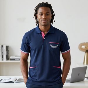 Polo à manches courtes bleu marine pour homme avec logo brodé et poche, style décontracté - Product Image 5