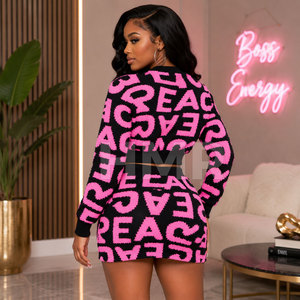 HMR Sisterhood Sorority Knitted Two Piece Set Pink <b>Black</b> Letter Print Zipper <b>Top</b> With Mini <b>Skirt</b> Sexy Club Wear - Product Image 4