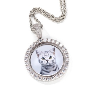 The New Blank Round Rotatable <b>Necklace</b> Double-sided Photo Pendant with Copper and Zircon Color Photo <b>Couple</b> <b>Necklace</b> - Product Image 1