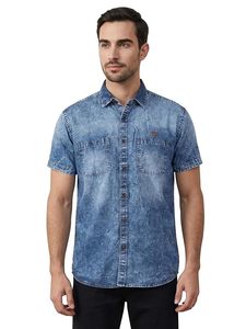 Camisa de Mezclilla para Hombre, Manga Corta, Cuello con Botones, Color Sólido, Estilo Casual, Lavado, Corte Regular, Estilo Veraniego - Product Image 1
