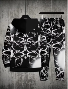 Chándal con estampado geométrico en blanco y negro para hombre, con capucha, cierre con cordón, bolsillos laterales, poliéster, ropa de calle, otoño - Product Image 2