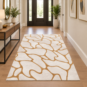 Tapis moderne abstrait rectangulaire blanc et or, tapis moelleux tufté pour salon, résistant aux taches, avec envers en latex - Product Image 1