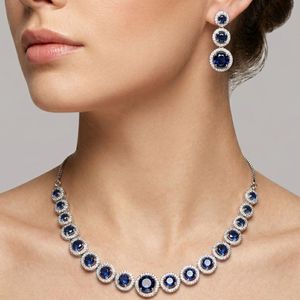 American Diamond <b>Necklace</b> <b>Set</b> <b>Silver</b> Plated Fashion Jewelry 11103289BLU - Product Image 1