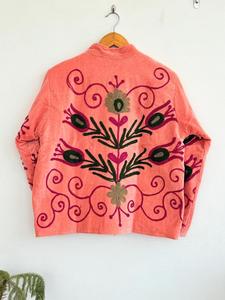 <b>Vintage</b> Pink Cotton Embroidered Suzani Jacket With Floral Pattern Full Sleeve <b>Stand</b> Collar Handmade Women's Winter <b>Coat</b> - Product Image 6