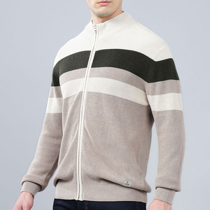 Cardigan zippé pour homme, col mandarin, rayé, en laine et acrylique, tricoté, pour l'hiver, anti-boulochage, manches classiques - Product Image 1