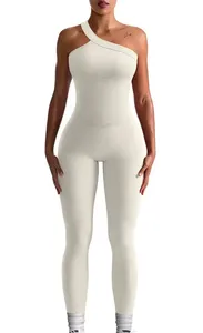 Mono ajustado sin costuras de un solo hombro rosa para mujer, cintura elástica, color sólido, ropa de verano - Product Image 4