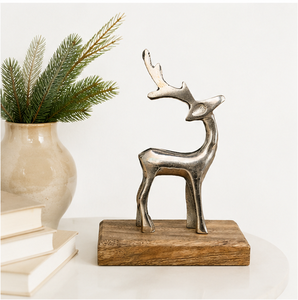 Antique Silver Aluminum Reindeer Sculpture with Natural Mango Wood Base Festive Holiday Home Decor & Modern Tabletop Figurine - Product Image 2