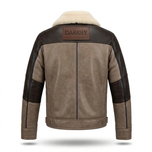 Blouson Biker Homme en Cuir Véritable Bicolore Taupe Espresso avec Col en Peau de Mouton, Doublure Matelassée, Deux Poches à Rabat et Boucle à la Taille - Product Image 2