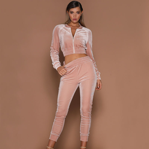 Ensemble de survêtement en velours à manches longues et col rond pour femme, avec fermeture éclair, 2 pièces, pantalon skinny et crop top à capuche - Product Image 5