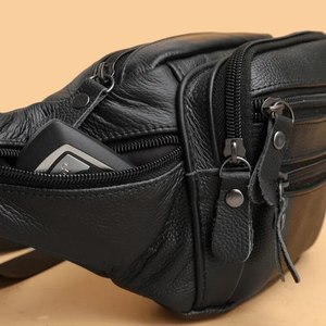 High Quality Genuine Black Leather Multi Zipper Chest Crossbody <b>Bag</b> for Men Premium Adjustable <b>Strap</b> Sling Waist Pack Low MOQ - Product Image 2