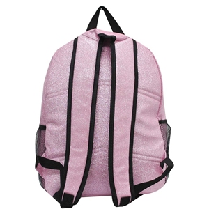 Cheerleading Backpack Custom Printed Polyester Light Pink <b>Glitter</b> <b>Black</b> Trim Silver Zipper Mesh Pocket OEM - Product Image 4