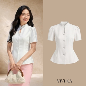 Blusa Elegante Blanca para Mujer, Cuello Mandarín, Manga Corta, Peplum, Botones, Color Sólido, Primavera/Verano, DORIS - Product Image 1