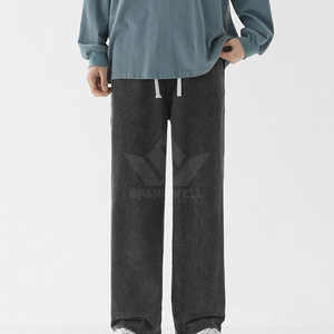 <b>Men's</b> Light Blue <b>Drawstring</b> Wide Leg Denim <b>Jeans</b> Loose Fit Casual Washed Full Length Streetwear Pants - Product Image 5