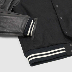Veste varsity noire pour homme avec manches en cuir et poignets côtelés, vêtement décontracté pour l'automne - Product Image 2