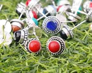 Boho Vintage 925 Sterling <b>Silver</b> Natural Red Coral <b>Stud</b> Earrings Oxidized Round Gemstone Ear <b>Studs</b> - Product Image 3