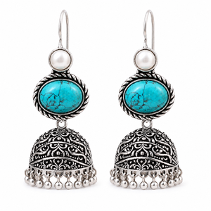 Pendientes Jhumka de Piedra Turquesa |   Joyería Étnica de Plata Oxidada al por Mayor - Product Image 1