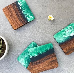 Handmade Eco-Friendly Acacia Wood & Epoxy Resin <b>Coaster</b> Set Square Drink Mats Green Modern Home Decor Hand Wash - Product Image 1
