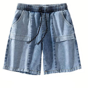 Pantalones Cortos de Mezclilla de Algodón de Color Sólido para Hombre, Cintura Elástica, Plisados, Casuales, de Talle Alto, Tela Lavada, Transpirables, de Secado Rápido, 180g, Digitales - Product Image 1