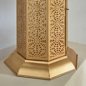 Heritage <b>Gold</b> Metal Moroccan <b>Lantern</b> with Intricate Cutwork Tall Candle Holder for Ramadan Home Wedding Decor - Product Image 5